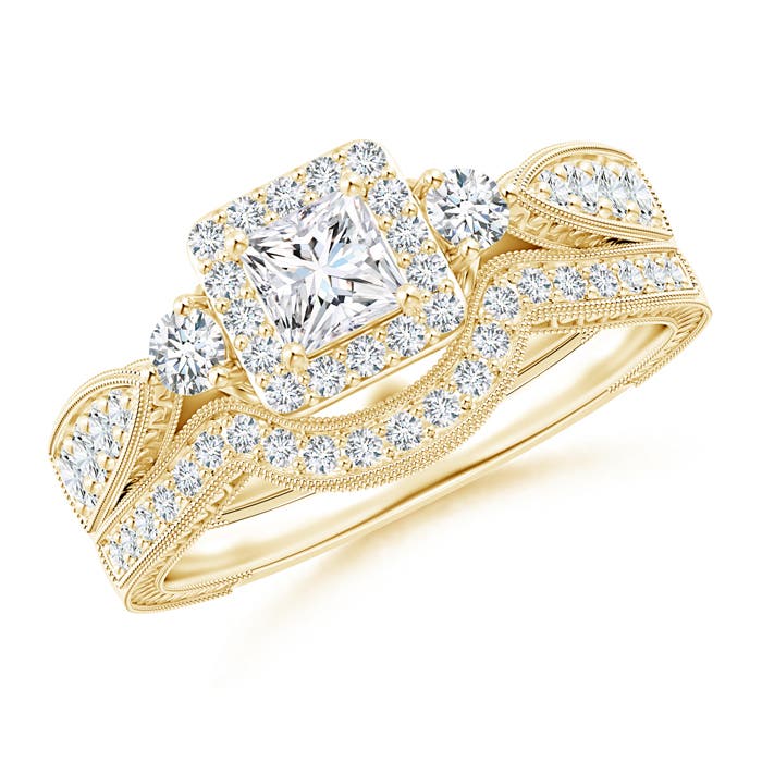 Milgrain Laced Princess-Cut Diamond Halo Bridal Set