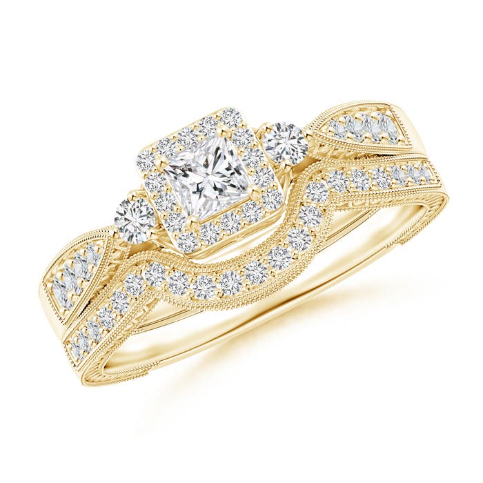 Milgrain Laced Princess-Cut Diamond Halo Bridal Set