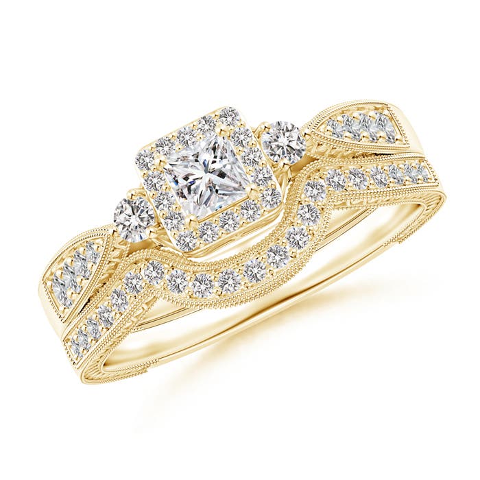 Milgrain Laced Princess-Cut Diamond Halo Bridal Set