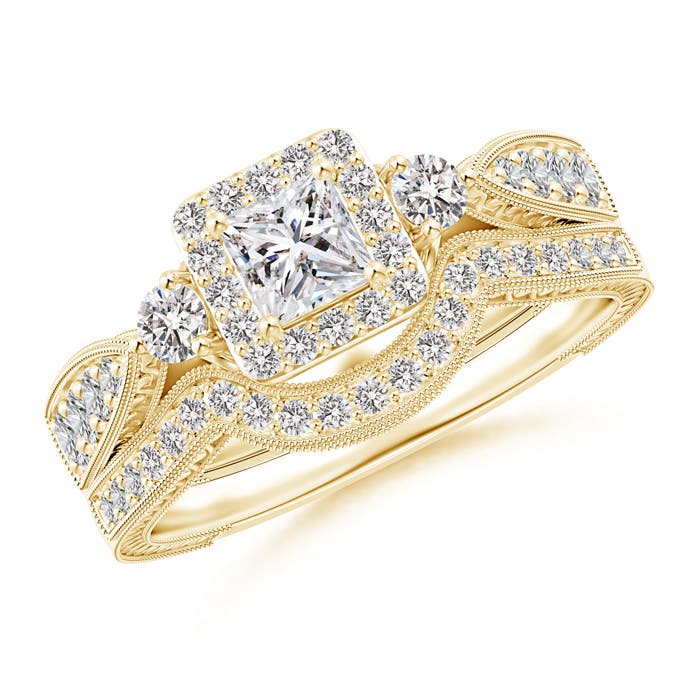 Milgrain Laced Princess-Cut Diamond Halo Bridal Set