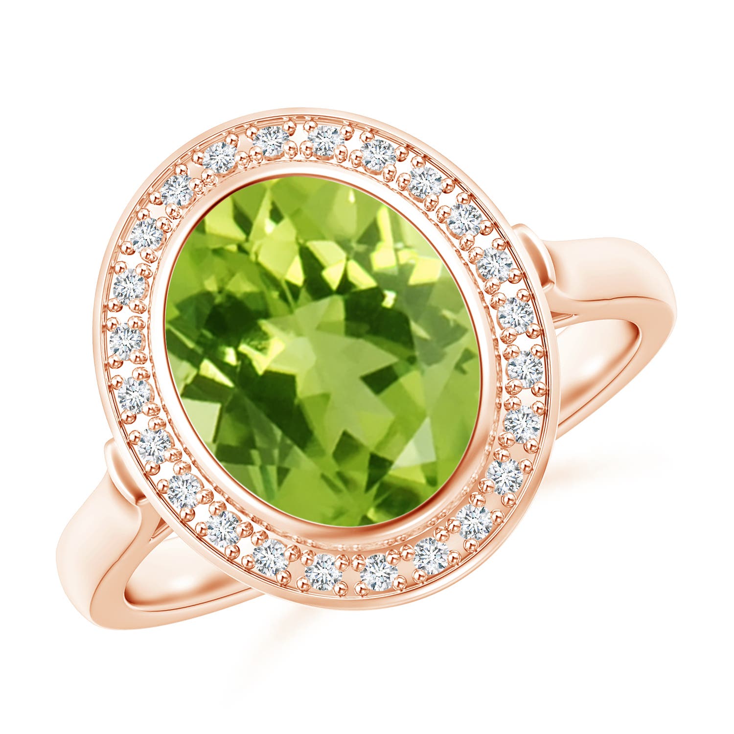 BezelSet Oval Peridot Ring with Diamond Halo Angara